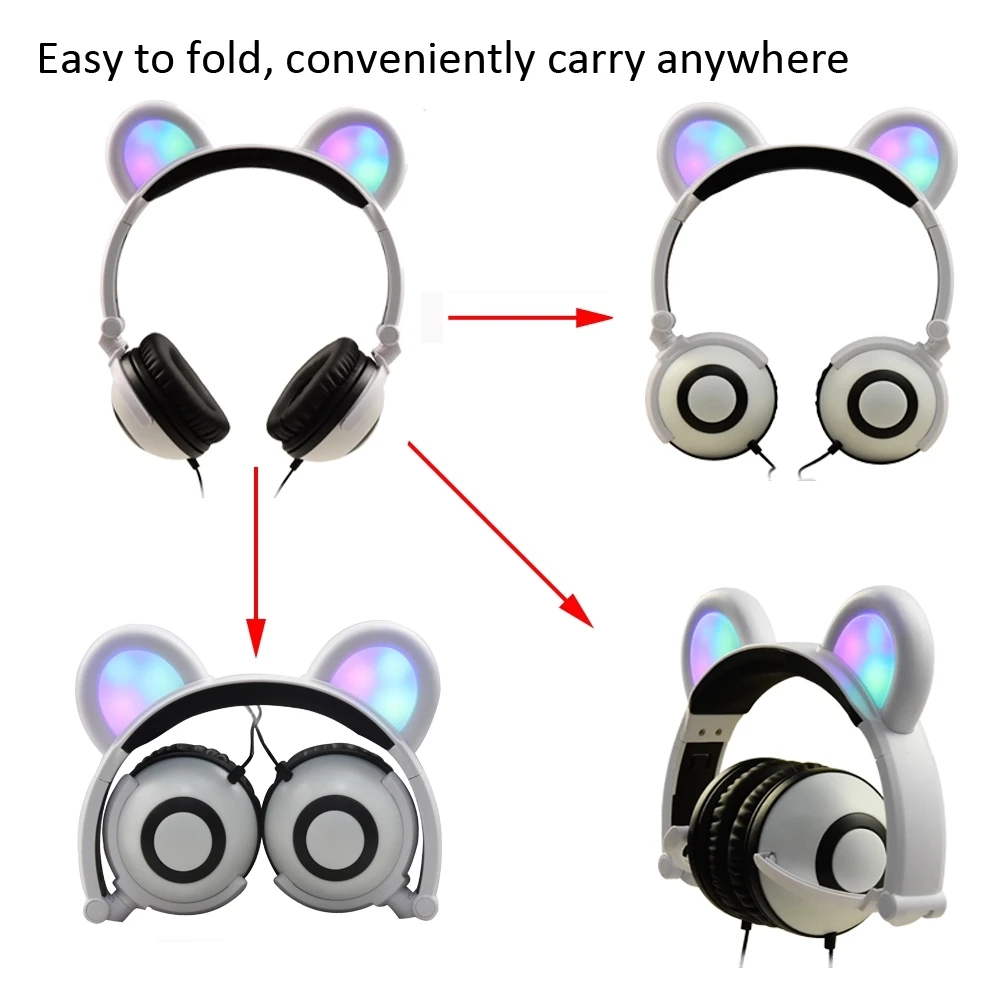 Srčkan Zložljive Brezžična tehnologija Bluetooth Panda Bear Uho Otrok Slušalke Cosplay Slušalke z LED Utripa Fantje Dekleta
