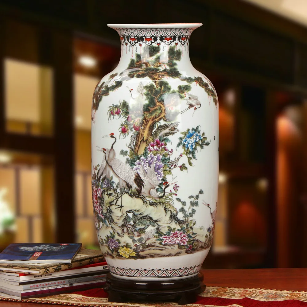 Starinsko Emajl Jingdezhen velika-dekorativni-tla-vaze, Barvni Emajl, Rdeče-okronan žerjav Krasi dnevno Sobo Vaza