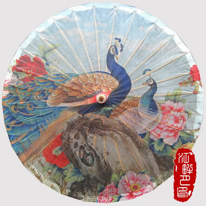 Starodavne Kitajske Ročno Dve Peafowls, ki Stoji v Peony Cvetje Naoljen Papir Dežnik Dežnik Dežnik Suncobran