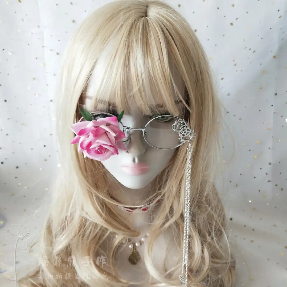 Steampunk Krog Okvir Ravno Lahka Očala Gothic Lolita Punk Mehko Dekle Letnik Harajuku Rose Prestavi Verige Očala Cosplay gay rekviziti