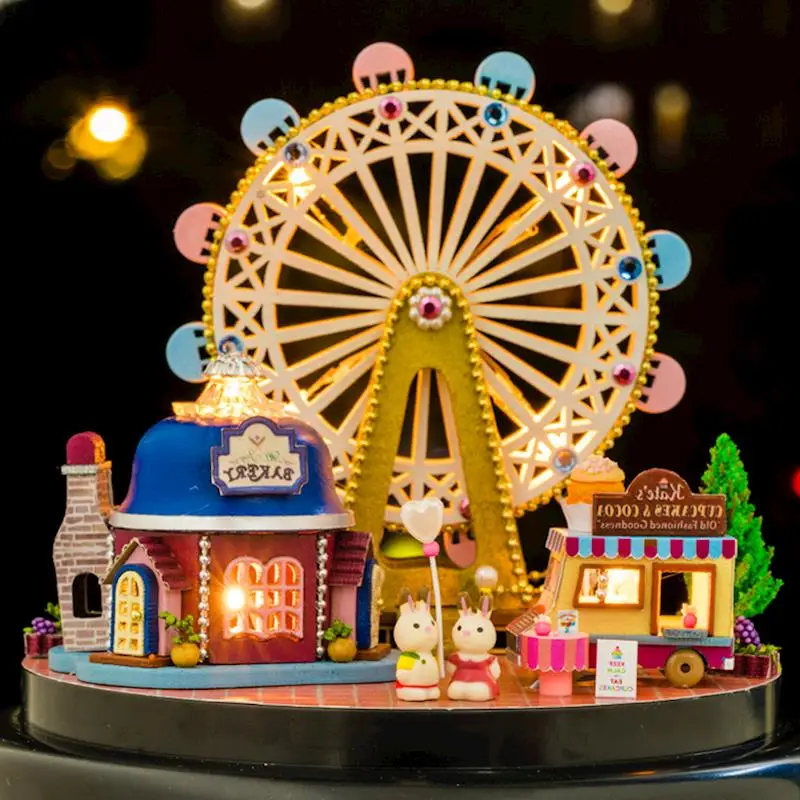 Stekleni Prah Žogo DIY Lutka Hiša Ferris Wheel Lesene Park Mini Doma Skupščine Lutke Ročno Zabaviščni Park Stavba Kit