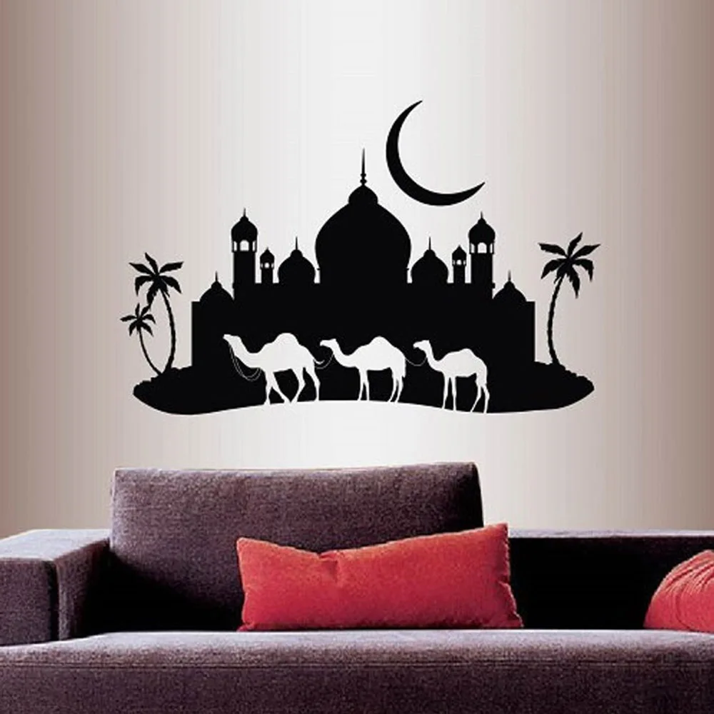 Stenske Nalepke Vinyl Doma Dekor Nalepke Arabskem Noč Kamele Karavana Mošejo, Palačo Skyline Luna Izmenljive Stilsko Zidana Design C048
