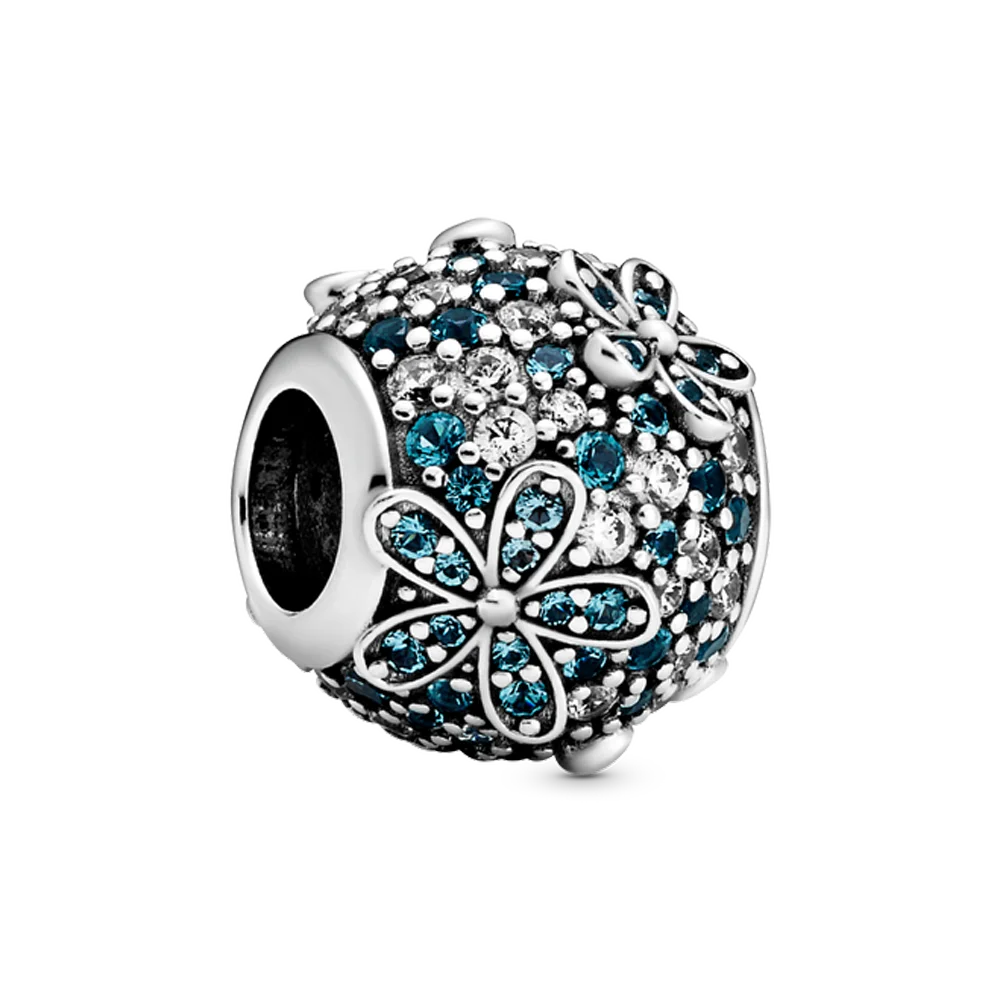 Sterling srebrni biseri Peneče modra CZ utrla cvet krog kroglice 925 čar original srebrna zapestnica za ženske, nakit