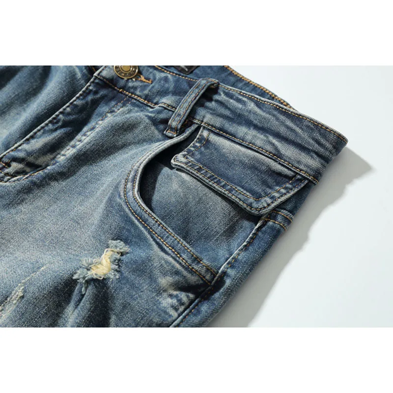 Stiski Raztrgala Slim Fit Kavbojke Moški Oprati Uničeno Skinny Jeans Hlače Modi Ulične Modro Luknjo Kolesar Jean za Moške