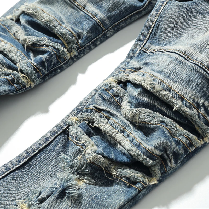 Stiski Raztrgala Slim Fit Kavbojke Moški Oprati Uničeno Skinny Jeans Hlače Modi Ulične Modro Luknjo Kolesar Jean za Moške