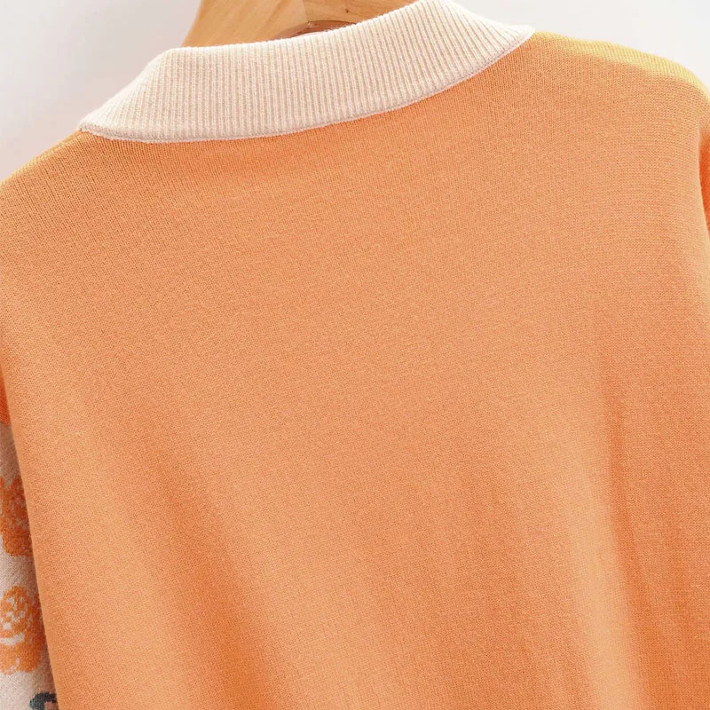 Stitched Proti-vrat Enotni-zapenjanje Dolgo sleeved Wild Orange Plesti Elegantna ženska Jopica Harajuku Srčkan Moda Divji Ženski Pulover