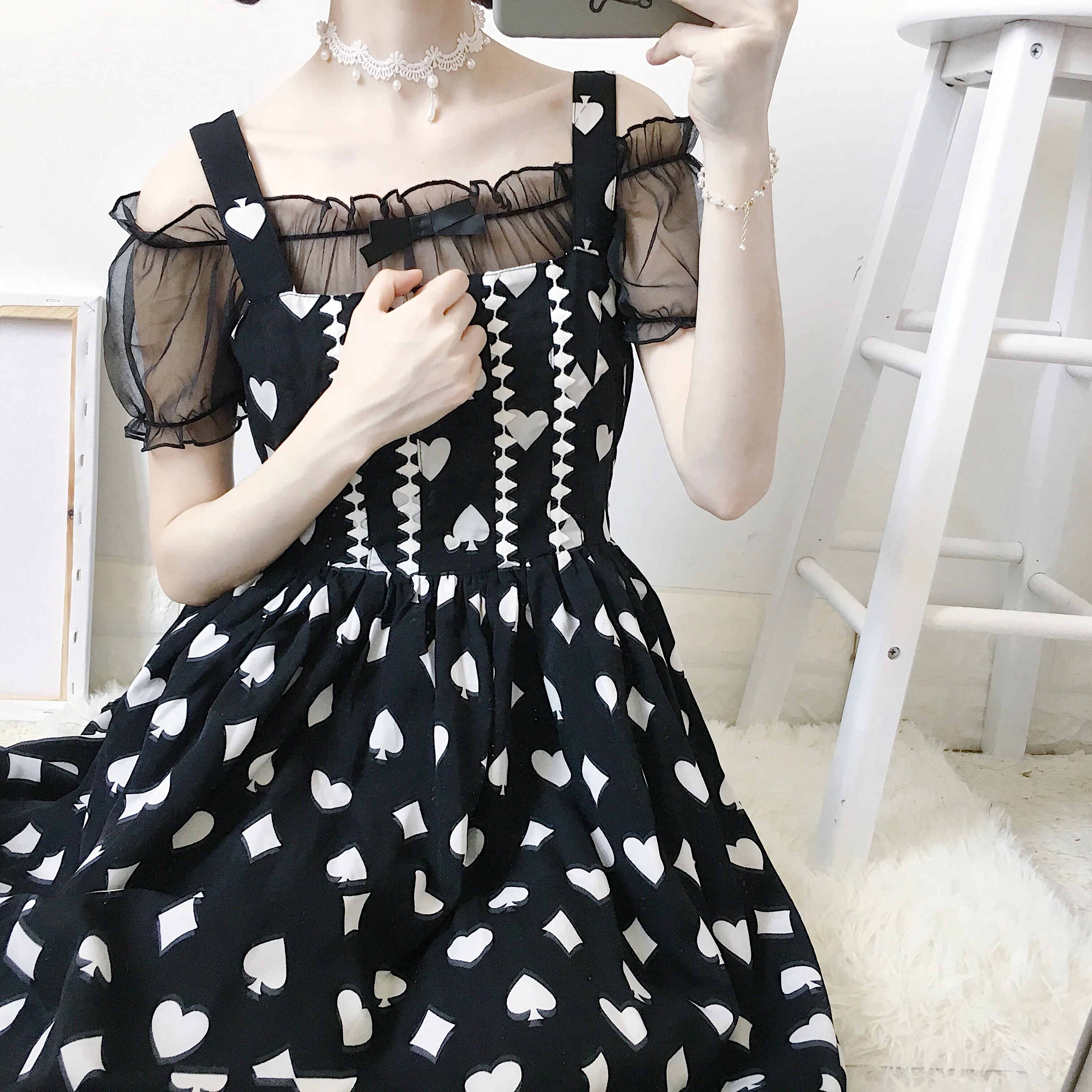 Super pravljice Japonski mehka obleka, obleke, Lolita, obložene vrhovi ljubka lolita znotraj puff rokavi šifon majica vrhovi ženski poletje