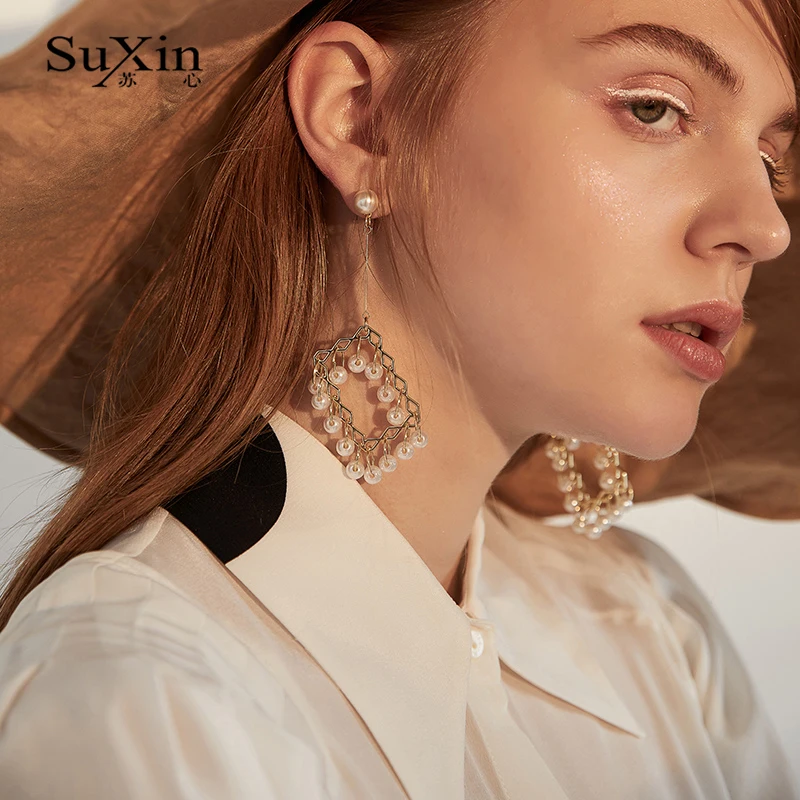 SuXin uhani 2020 novo simple square temperament uhani za ženske dolgo pearl obesek, uhani nakit darilo