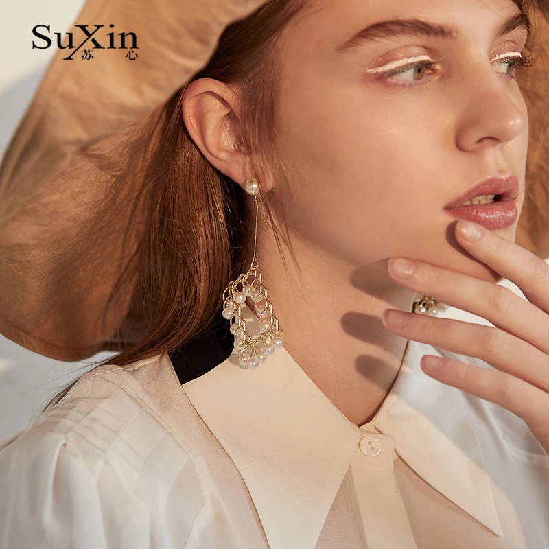 SuXin uhani 2020 novo simple square temperament uhani za ženske dolgo pearl obesek, uhani nakit darilo