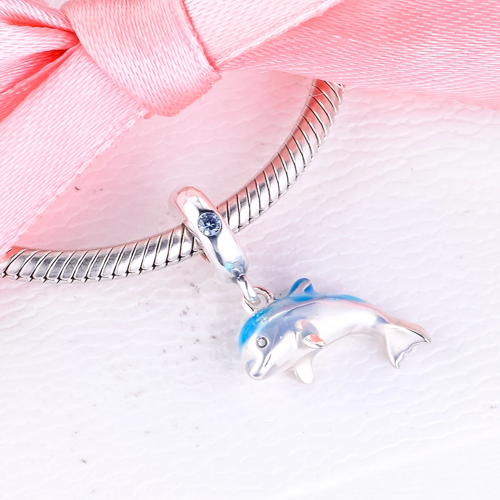 Svetleč Dolphin Visijo Čar Zapestnice za Ženske 925 Sterling Srebro Čar Kroglice za Nakit, Izdelava Valentinovo
