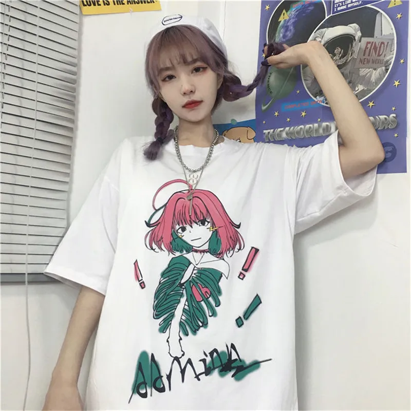 Svoboden Ženska Moda Natisnjeni Poletje Black WhiteTops Japonska High Street Kpop Ženski Tee Harajuku T-shirt Priložnostne Vrh