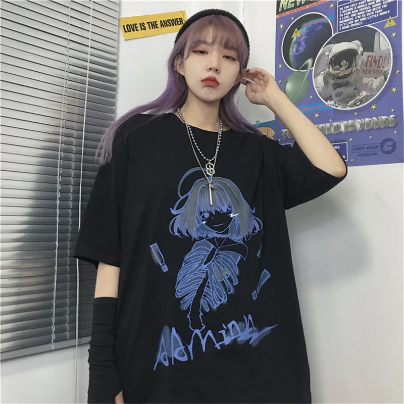 Svoboden Ženska Moda Natisnjeni Poletje Black WhiteTops Japonska High Street Kpop Ženski Tee Harajuku T-shirt Priložnostne Vrh