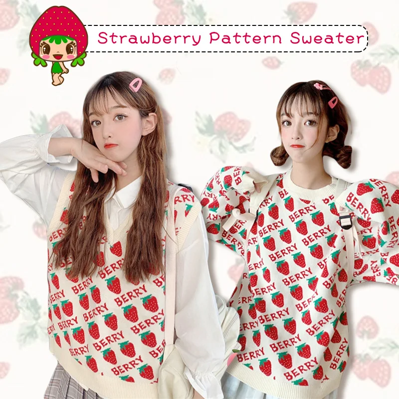 Sweet Strawberry Žensk Ins Harajuku Pismo Dolg Rokav vrhovi Plesti Pulover Zimski Modni Svoboden Priložnostne Ženske Jopica Telovnik