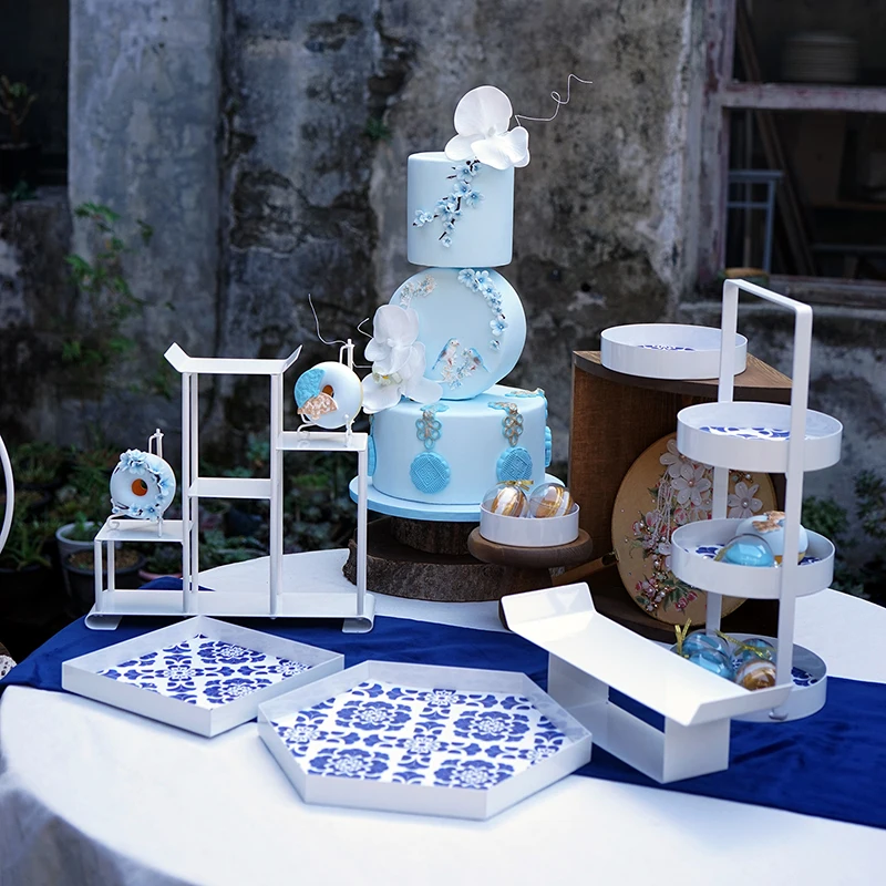 SWEETGO Kitajski Torta Stoji Modre In Bele Porcelanaste Shranjevanje Police Polica Doma Dekoraterstvo Pladnji Predstavitev Vrtno zabavo Dobavitelja