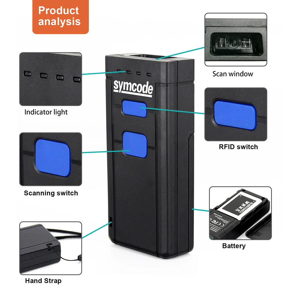 Symcode 1D Bluetooth črtne kode Skener USB 1D CCD Brezžična tehnologija Bluetooth Bralnik Črtnih kod Brezžični Prenos Razdaljo 100 Metrov