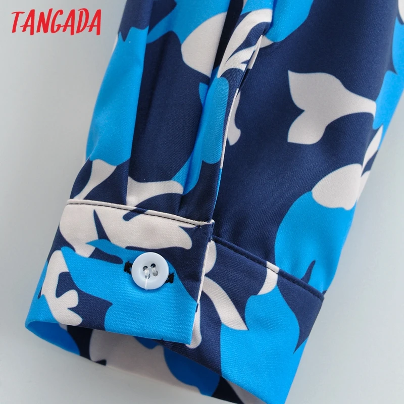 Tangada Moda za Ženske, Modro Cvjetnim Tiskanja Shirt Obleko S Poševnico Nov Prihod Dolg Rokav Urad Ženske Midi Obleko Vestidos 2F105