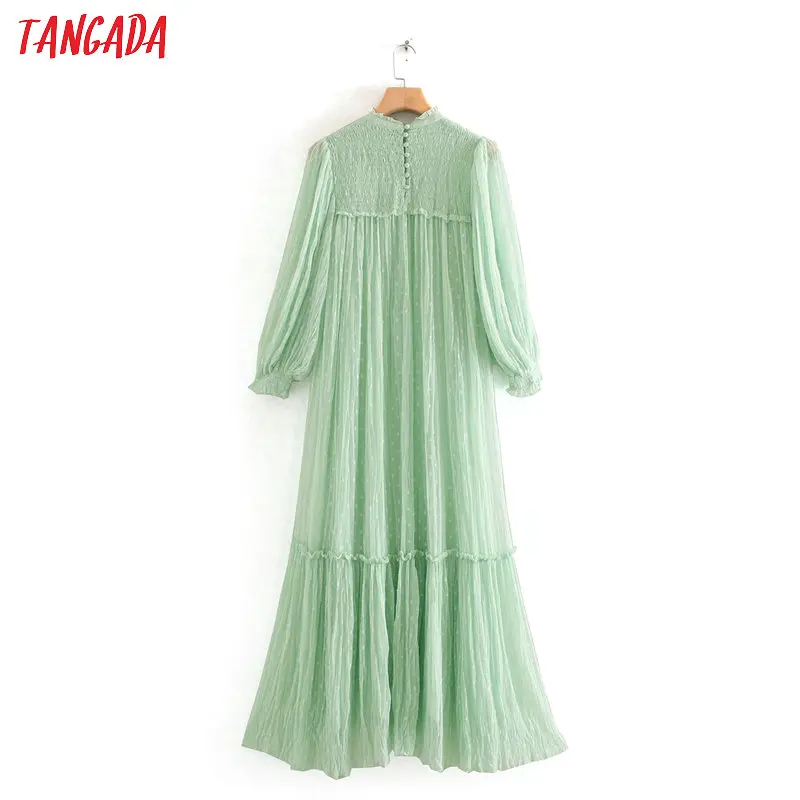 Tangada moda za ženske, svetlo zelena mrežasto obleko maxi dolg rokav nazaj gumbe ženske pike vezenje obleko vestidos 2W128