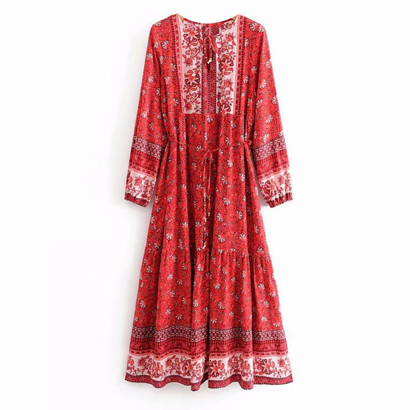 TEELYNN boho dolg rokav midi obleke za ženske letnik cvjetnim natisne bombaž rajon 2020 jeseni obleko tunika priložnostne dolgo vestidos