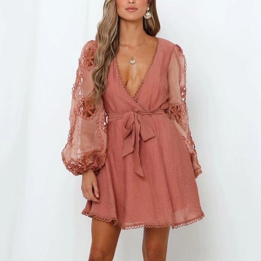 TEELYNN mini obleka za ženske seksi globok v-izrez obleke long sleeve vintage obleko vezenino Gypsy boho obleke vestidos