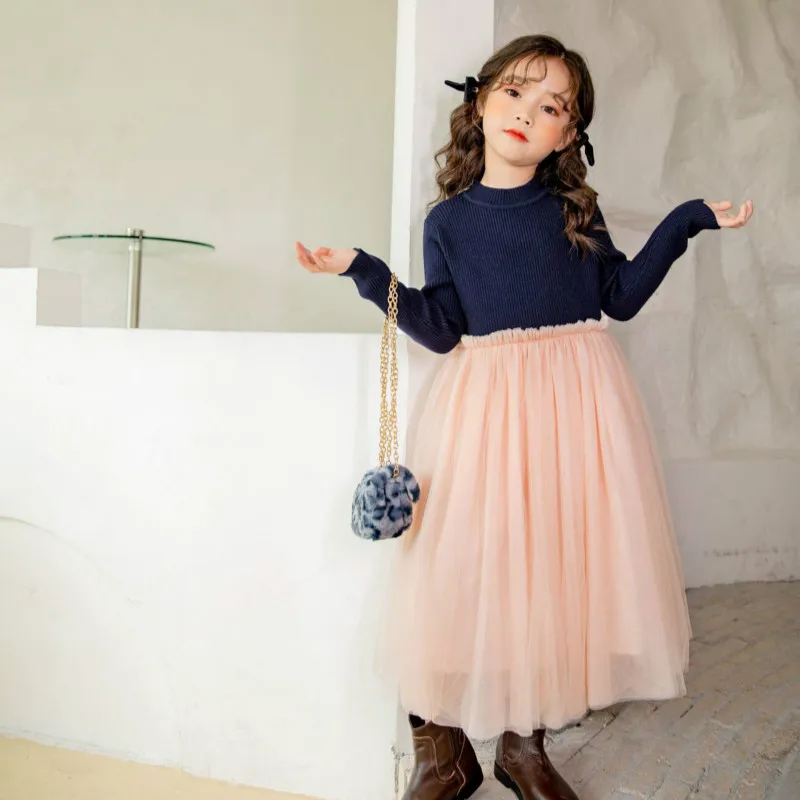 Teen Dekleta 2021 Pomlad Novo Očesa Mozaik Princesa Obleko Korejski Slog Otrok Pletenje Modnih Oblačil, Elegantno, #9265