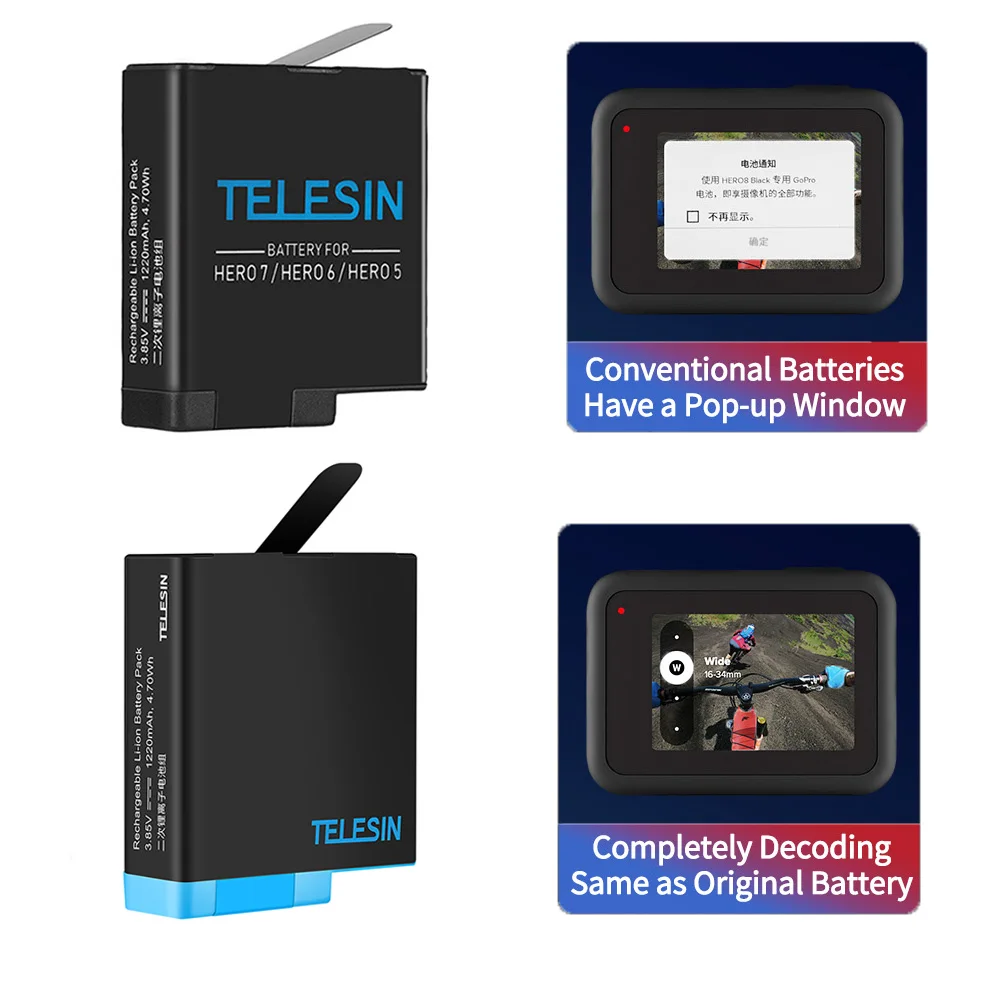 TELESIN Polnilnik Škatla za Shranjevanje Komplet+Baterija+Kabel za Junak 8 7 6 5 Črni Baterija za Gopro Hero 8 Bateria dodatno Opremo Fotoaparata