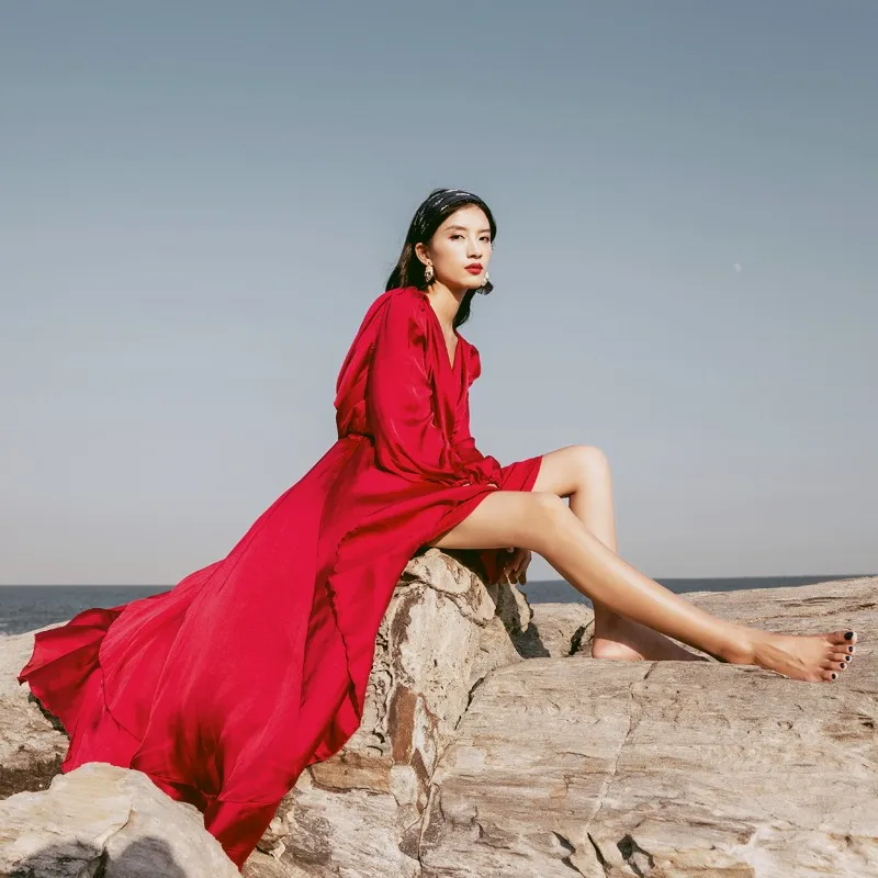 Tingfly 2019 Oblikovalec V vratu Rdeče Maxi Stranka Obleke, Ženske Elegantna Dolga Obleka Asimetrični Ruffles Boho Barva Vestidos