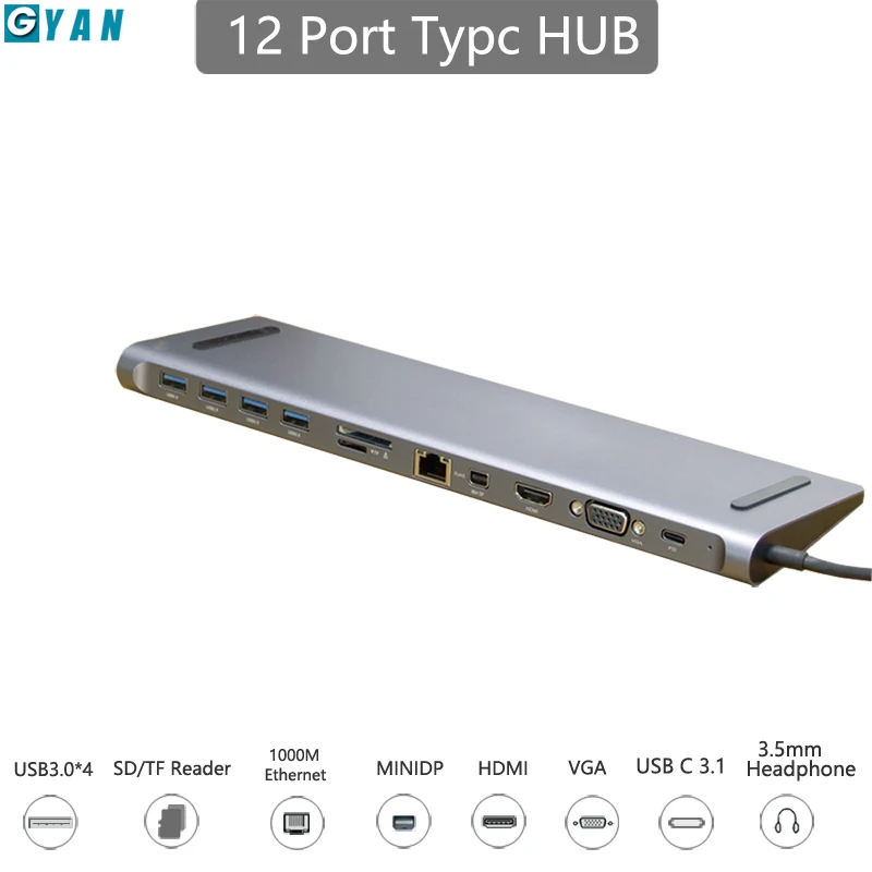 Tip c razširitveno postajo 12 v 1 Aluminija Tip C Adapter HDMI in združljiv Bralnik Kartic RJ45 PD za Polnilnik usb Audio c Hub