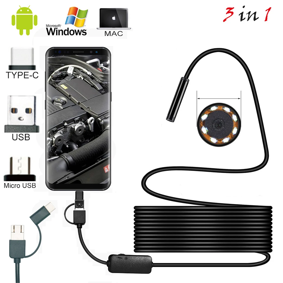 Tip-C USB Mini Endoskop Fotoaparat 7mm 2m 1m Prožno, Mehko/Trdo Kabel Borescope Pregledovalna Kamera Nepremočljiva Razsvetljava Za Android
