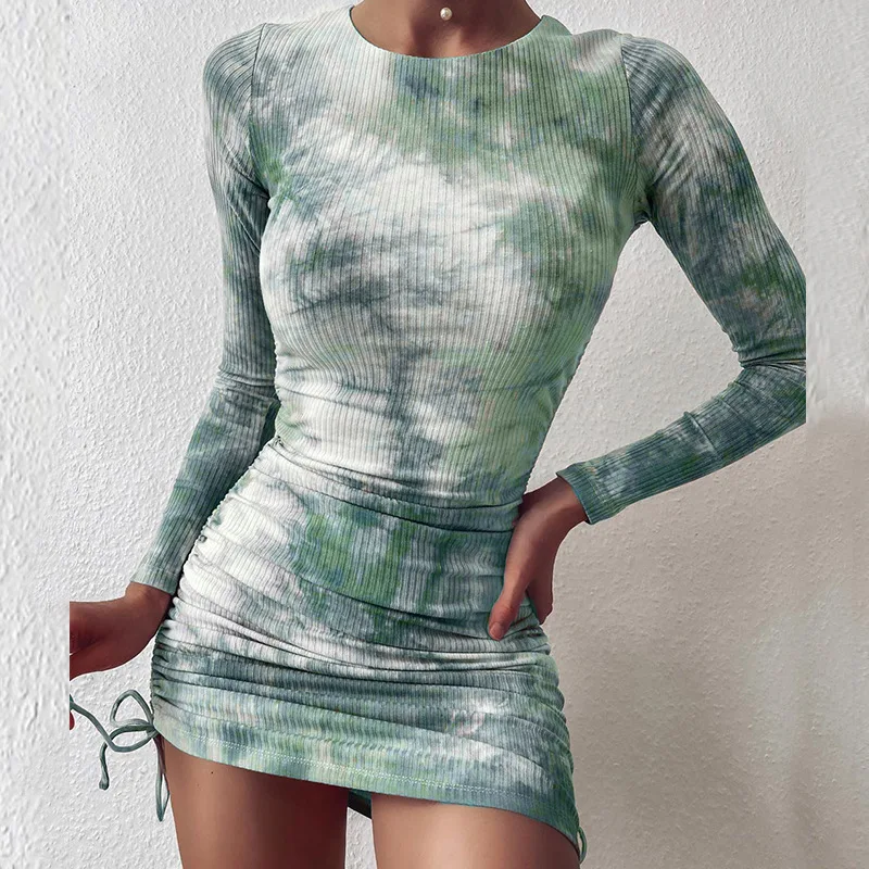 Tiskani Vrvico Čipke-up Obleko za Ženske do leta 2020 Jeseni Nove Dolgo Sleeved Moda Hip Tulec Kratko Obleko Obleke za Ženske Vestidos