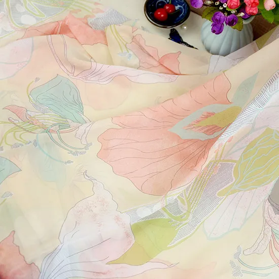 Tiskani šifon tkanine Kitajski slog lotus šifon gaza kostum Hanfu krilo umetno svileni šal dekorativni oblačila DIY tkanine