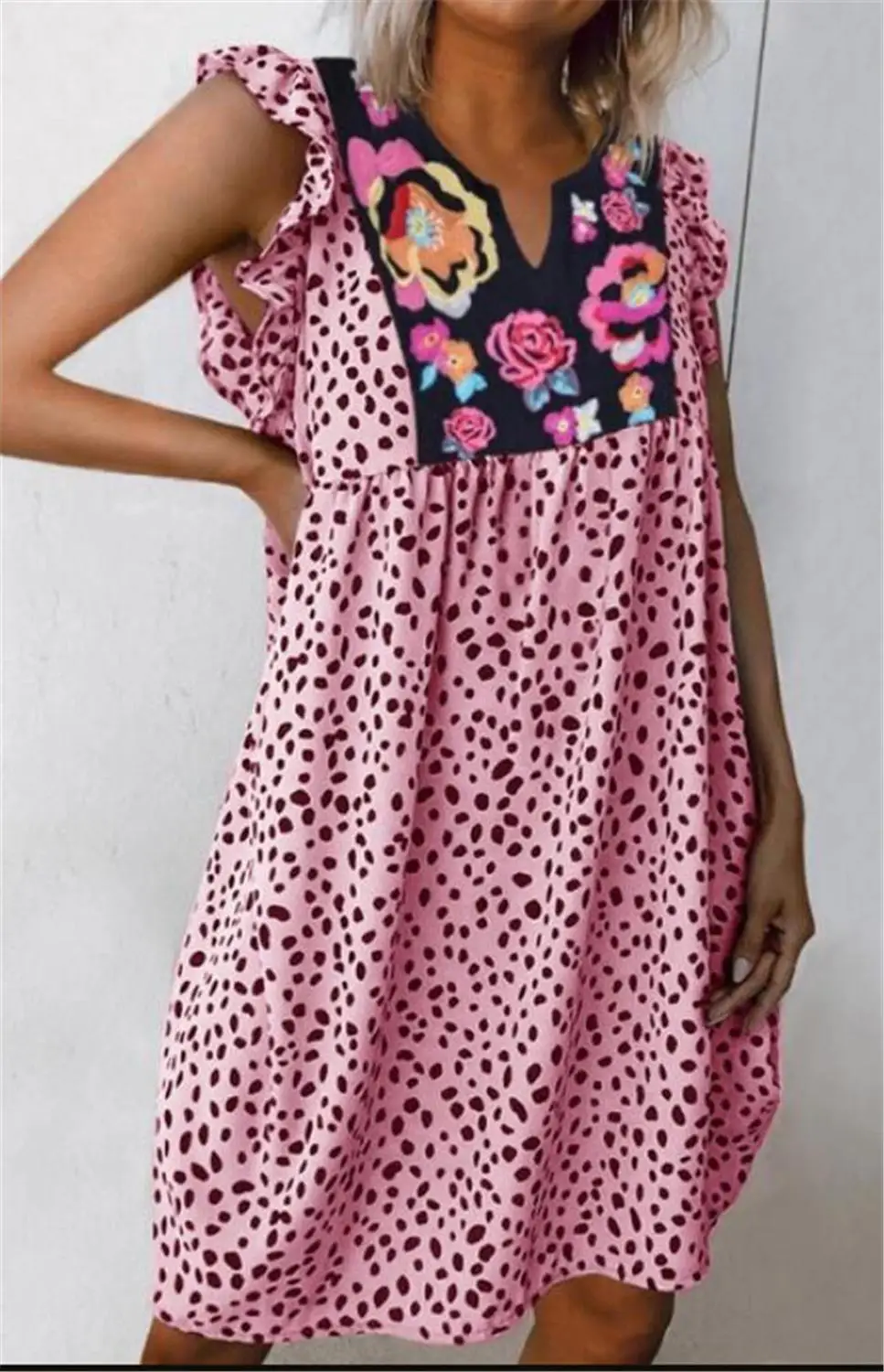 Tiskanja cvetovi Mozaik Leopard Ženske obleke Proti-vrat brez Rokavov Z Ruffles Sredi Seksi Obleke, Ženski 2020 Poletje Vintage Oblačila