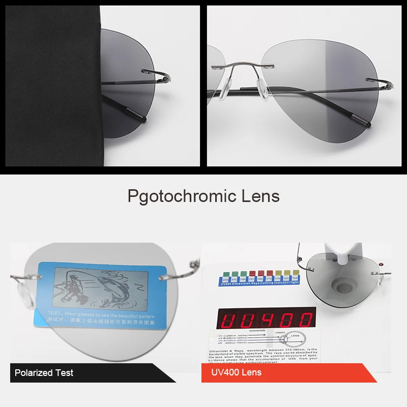 Titana Rimless Photochromic sončna Očala Moških Polarizirana Vožnje Pilota Ultralahkih sončna Očala za Zunanjo Ribiško UV400