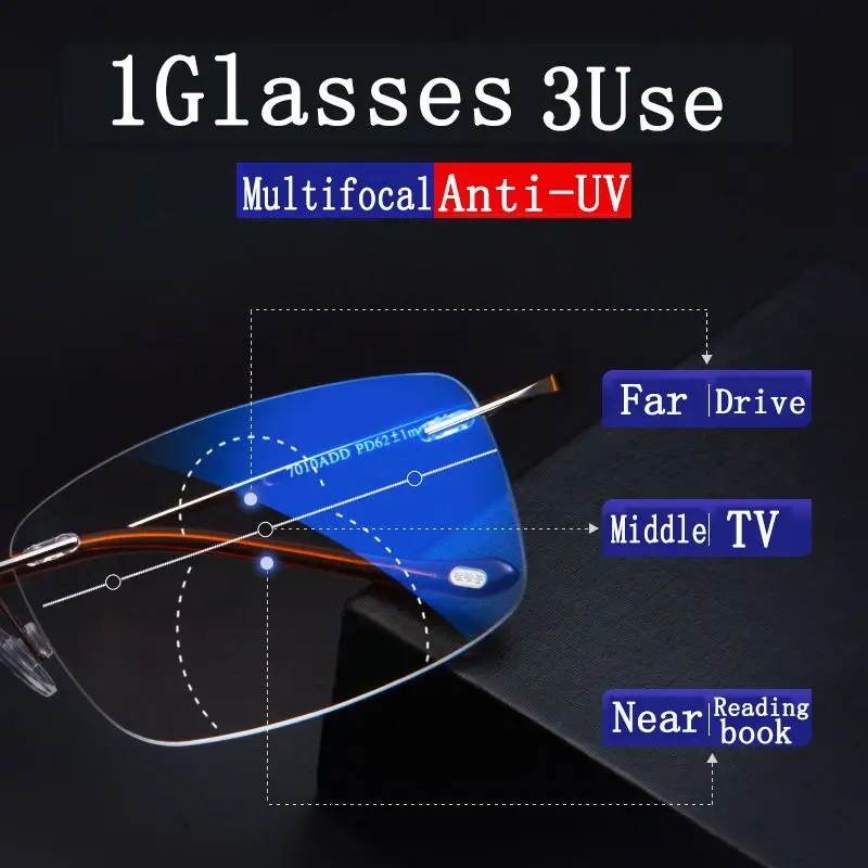 Titana Rimless Računalnik Postopno Multi Focal Obravnavi Očala Moški Ženske Anti Modra Svetloba Daljnovidnost Presbyopia Eyeglasse 1.5