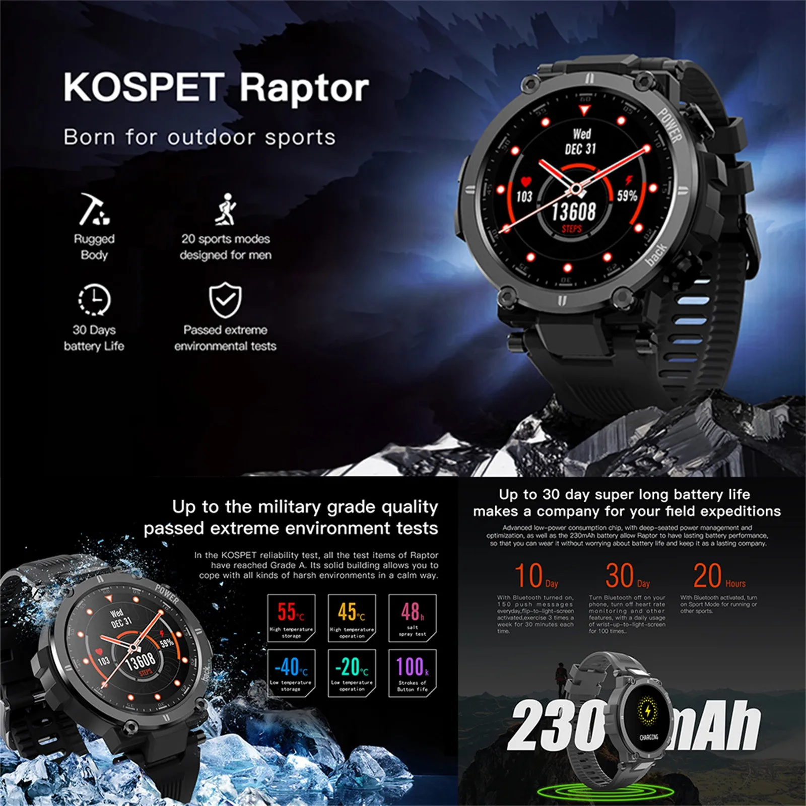 Top prodajne 2020 KOSPET-Raptor Pametno Gledati za Moške 1.3 Prostem Smartwatch z 20 Športni Način Podporo Debelo in Dropshipping