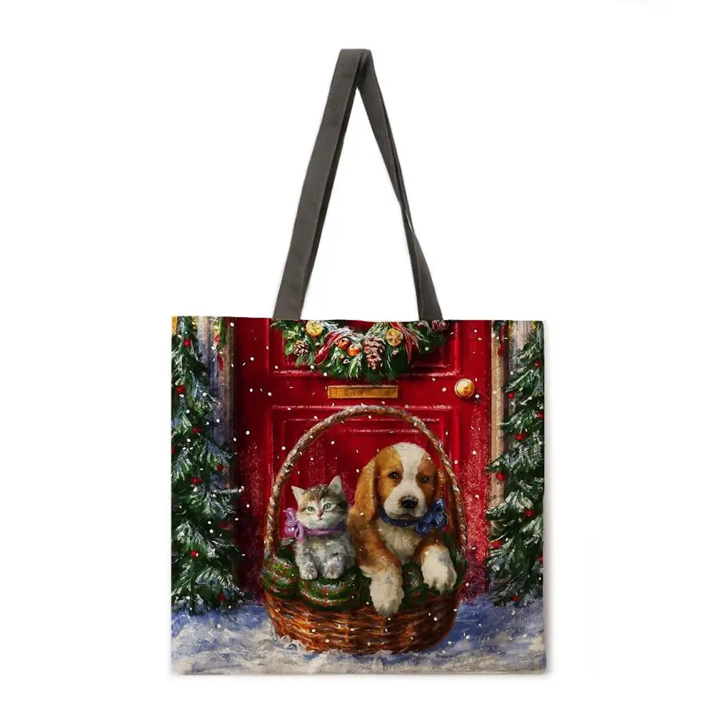 Torba ženske, pes in Božično drevo tiskanja priložnostne tote vrečko perilo tkanine tote vrečko zložljiva nakupovalna torba plaže vrečko za večkratno uporabo