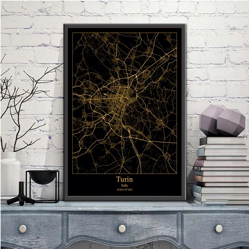 Torino Italija Black&Gold City Light Zemljevidi Po Meri Svetovni Zemljevid Mesta, Plakati, Platna Natisne Skandinavski Slog Wall Art Dom Dekor