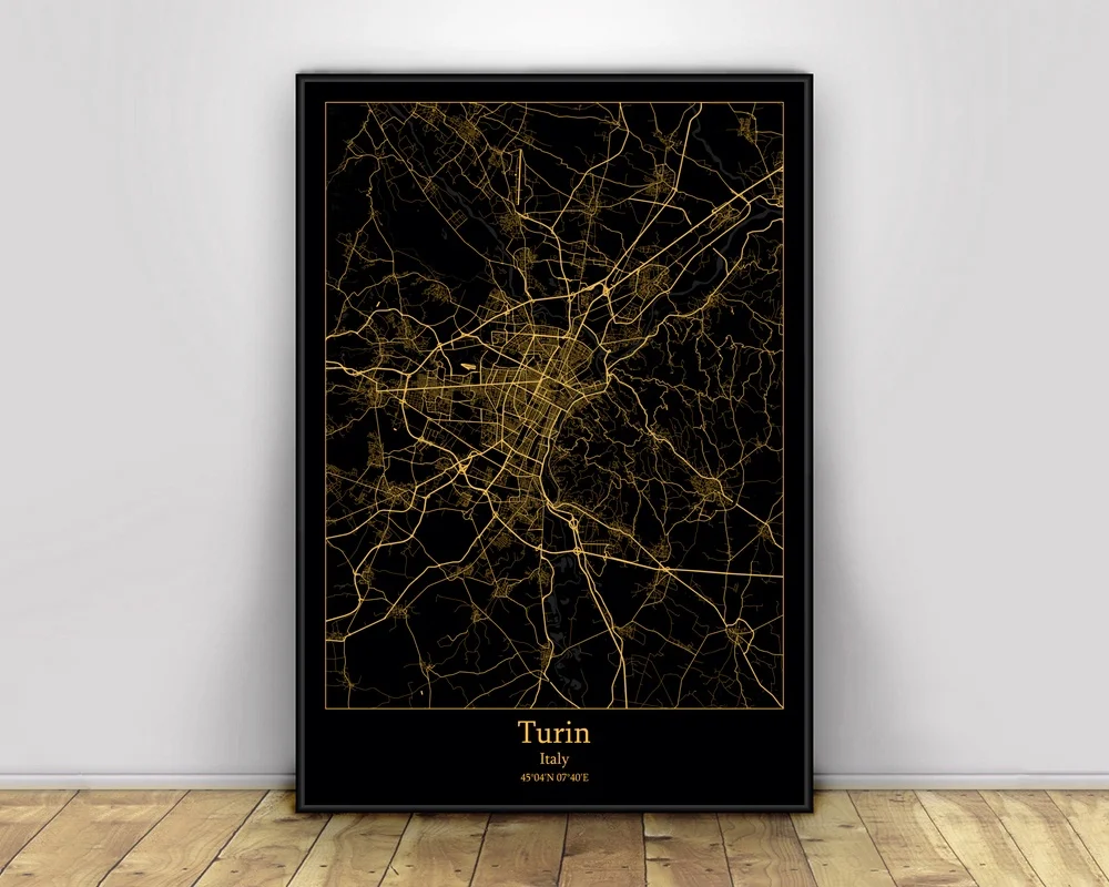 Torino Italija Black&Gold City Light Zemljevidi Po Meri Svetovni Zemljevid Mesta, Plakati, Platna Natisne Skandinavski Slog Wall Art Dom Dekor