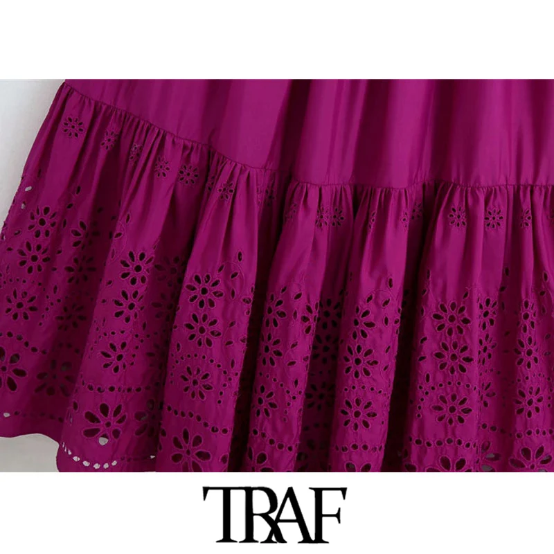 TRAF Ženske Elegantna Moda Cutwork Vezenje Ogrlicom Midi Dress Vintage Elastična Smocked Prilagodljivih Trakov Ženske Obleke