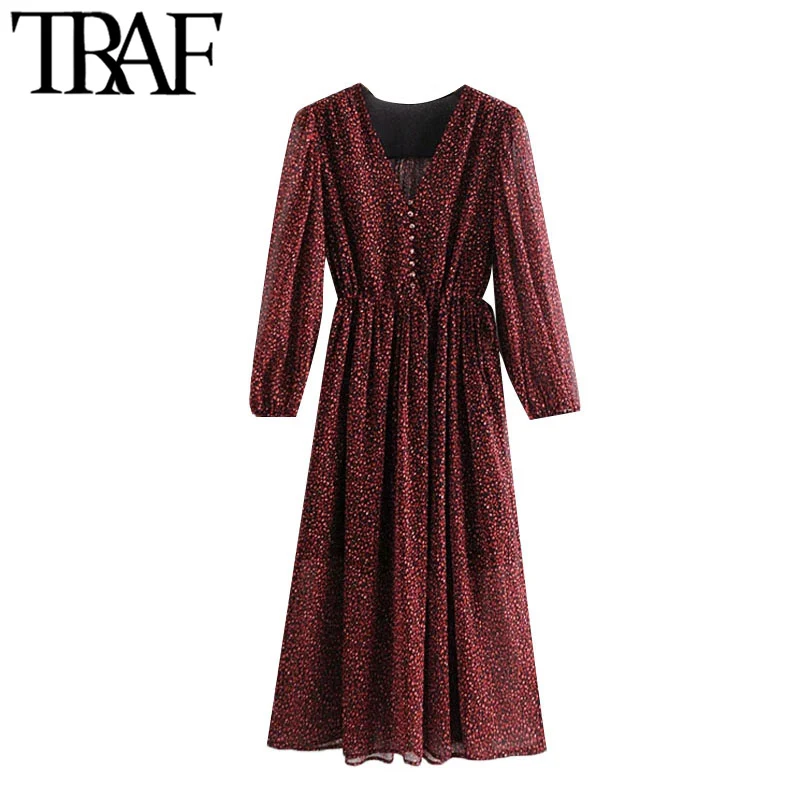 TRAF Ženske Mode Z Vrvico Kravato Tiskanja Naguban Midi Vintage Obleko z Dolgimi Rokavi Z Oblog Ženske Obleke Mujer