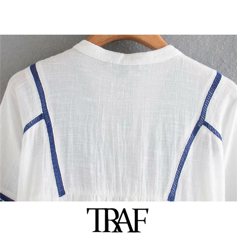 TRAF Ženske Modni Vezenje Mozaik Svoboden Vintage Bluze Vezani Tassel V Vratu Dolgimi Rokavi Ženske Majice Elegantna Vrhovi