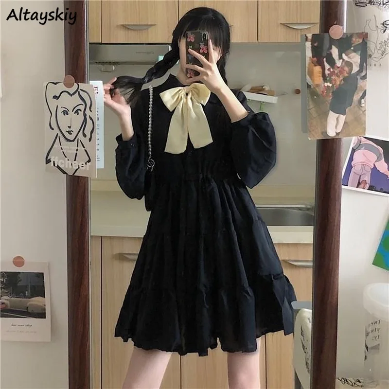 Trdna Mini Obleke, Ženske Lok Ruffles Japonski Slog Kawaii College Luč Rokavi Ženske Vestido Feminino Elegantna Priljubljena Trendy