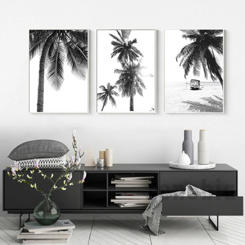 Tropsko Pokrajino Plakat Črno Bel Minimalističen Steni Sliko Plaži Platno Slikarstvo Nordijska Palme Tiskanja Umetnosti Doma Dekor