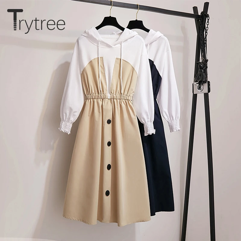 Trytree 2020 Jeseni, Pozimi Ženska Priložnostne Obleko Hooded Vrvico Mozaik Elastični Pas Mini 2 Barvi Moda Obleko Majica
