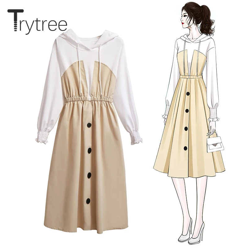 Trytree 2020 Jeseni, Pozimi Ženska Priložnostne Obleko Hooded Vrvico Mozaik Elastični Pas Mini 2 Barvi Moda Obleko Majica