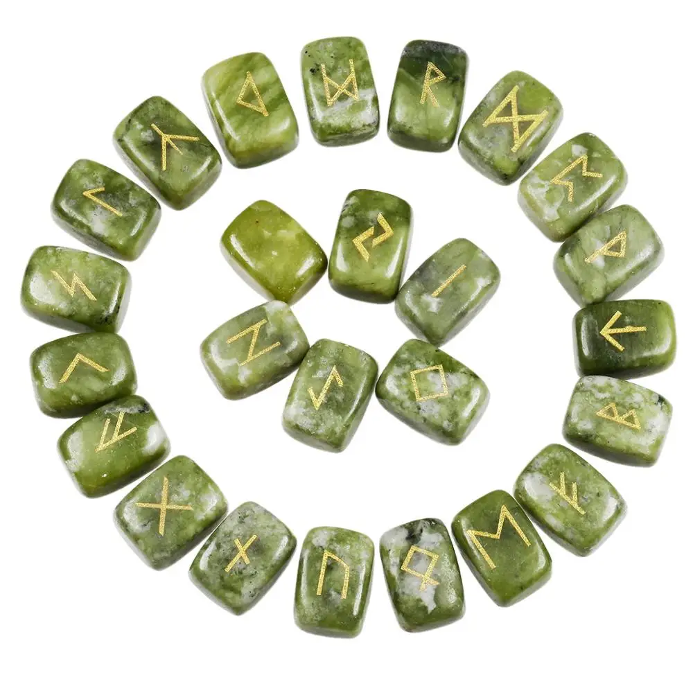 TUMBEELLUWA 1 lota (25Pc) Green Jade Vgravirana Rune Kamne, določenih Zdravljenje Reiki Kristalne Padle Kamni