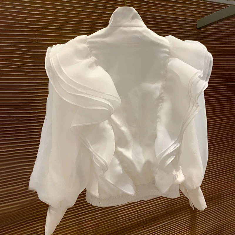 TWOTWINSTYLE Priložnostne Mozaik Ruffle Shirt Ženski Turtleneck Luč Dolg Rokav Svoboden Bluzo Za Ženske do leta 2020 Modna Oblačila Nova