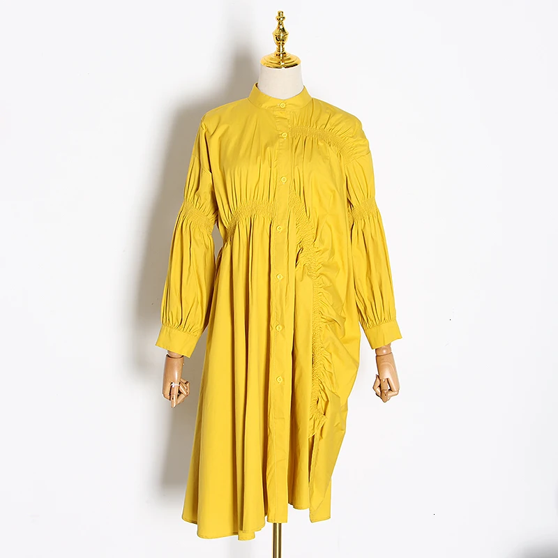 TWOTWINSTYLE Puff Rokav Shirt Obleko Ženske Ruched Prevelik Priložnostne Obleko Ženski Priložnostne Modnih Oblačil Velika Velikost Jeseni Leta 2020 Nova