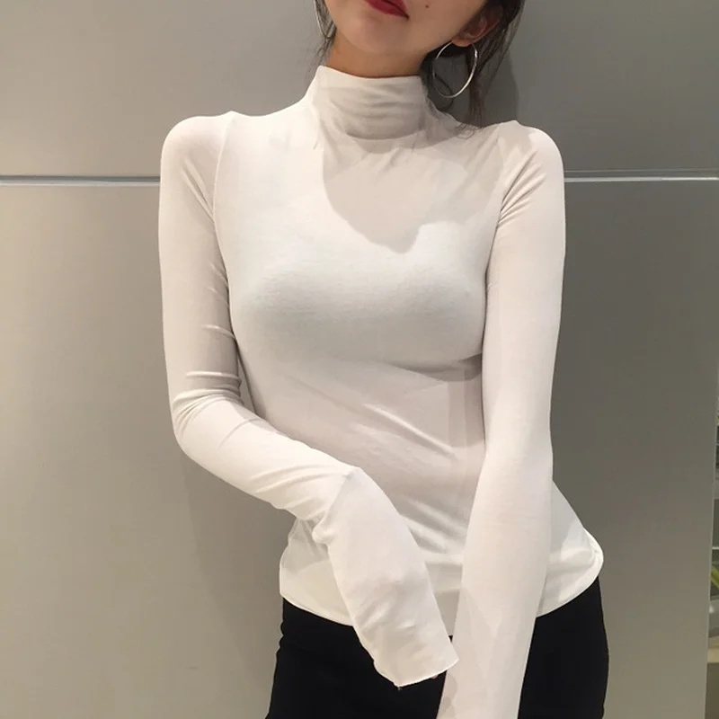U-PRISEŽEM Moda za Ženske Visoko Vratu Trdna Strench Long Sleeve majica Classic Vrhovi Jesen Pomlad T-Majice Visoke Kakovosti Harajuku