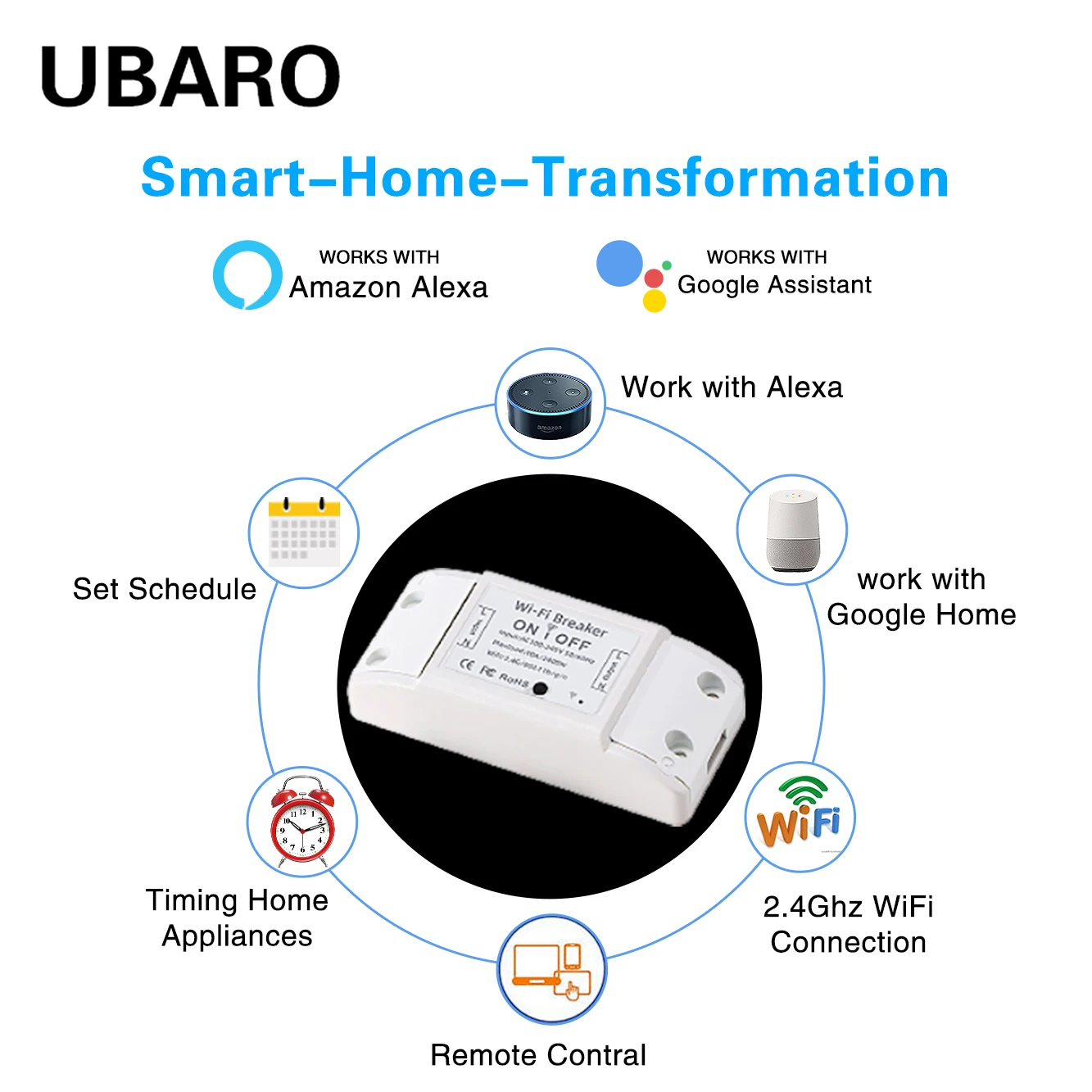 UBARO Tuya App Wifi Smart Življenje Brezžično Daljinsko Stikalo na Dotik Breaker Glasovni Nadzor Za Google Doma Alexa Echo Led on/off Modul