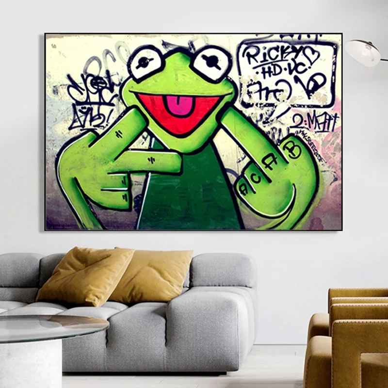 Ulica Grafiti Umetnost Žaba Kermit Prst Oljna slika na Platnu Plakatov in Fotografij Wall Art Slik, Dnevna Soba Dekor Cuadros